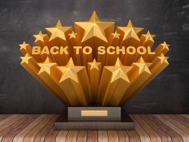 istock Gold Stars with BACK TO SCHOOL Phrase on Trophy - Chalkboard Background - 3D Rendering 1205787537