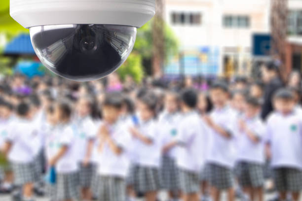 Security camera for prevent terrorism, crime, kidnap and bully for students in school.CCTV surveillance security camera transmit a video and audio signal to a wireless receiver through a radio band. stock photo
