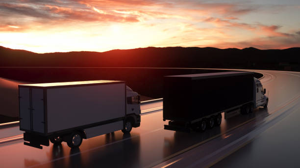 istock Two trucks on the road. Transports, logistics concept. 3d rendering 1205788284