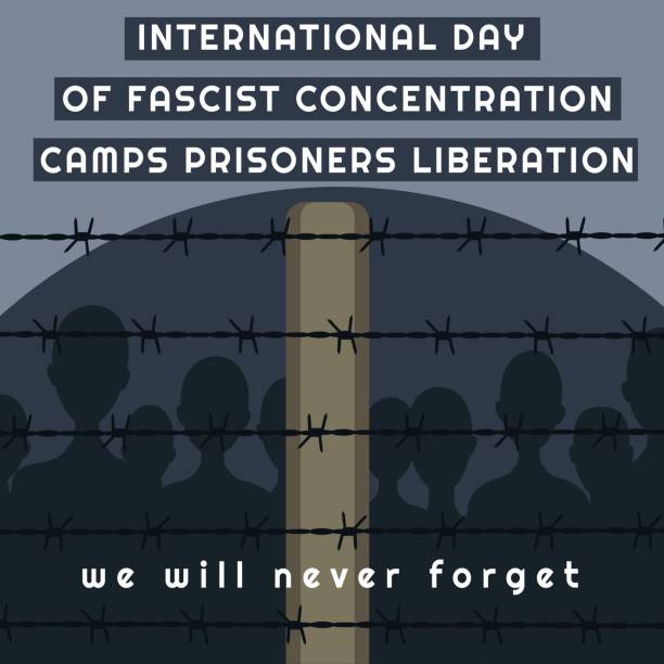 ilustraciones, imágenes clip art, dibujos animados e iconos de stock de ilustración vectorial. cartel del cartel de liberación del día internacional de los prisioneros de los campos de concentración fascistas - genocide