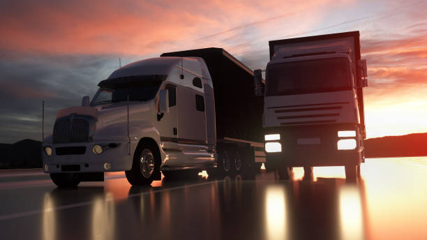 istock Two trucks on the road. Transports, logistics concept. 3d rendering 1205788377