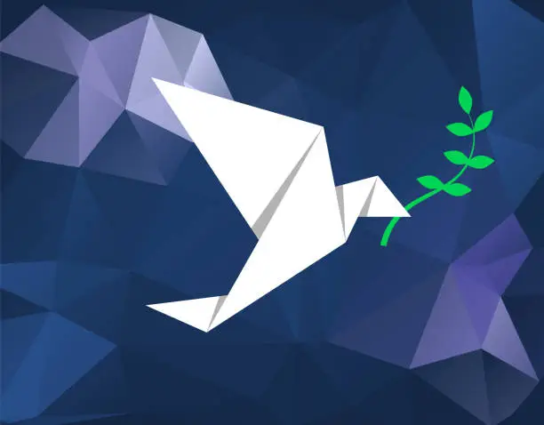 Vector illustration of White origami bird (dove) carrying olive branch on the blue low poly background. Peace concept.International Day of Peace.