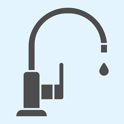 Faucet solid icon. Sink, curved pipe tap with water drop. Home-style kitchen vector design concept, glyph style pictogram on white background, use for web and app. Eps 10