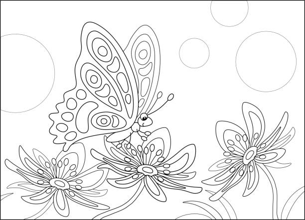 verzierter schmetterling auf einer gartenblume - blossom florescence flower wallpaper pattern stock-grafiken, -clipart, -cartoons und -symbole
