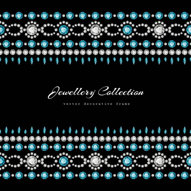 Elegant background with jewellery border ornaments Elegant jewellery background with ornamental seamless borders on black. Jewelry decoration with diamonds and precious gemstones in boho style. costume jewelry stock illustrations
