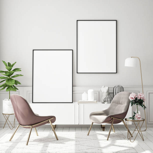 istock mock up poster frame in modern interior background, scandinavian style, 3D render 1205792378