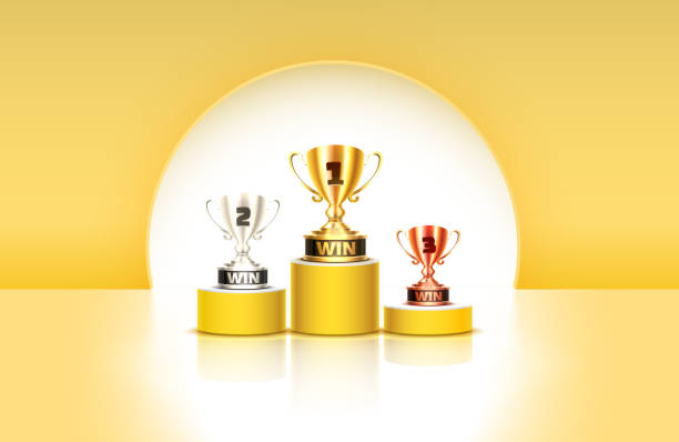 istock Stage podium with lighting, Stage Podium Scene with for Award Ceremony on yellow Background. 1205792499