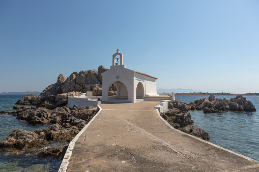 greek catholic Agios Isidoros temple chapel at skyiada village of chios island greece