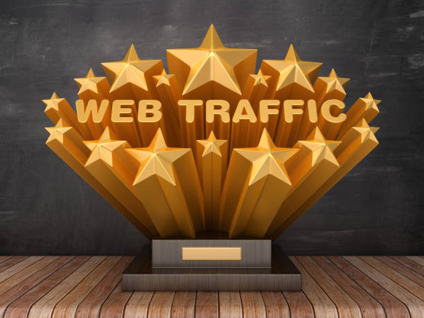 istock Gold Stars with WEB TRAFFIC Phrase on Trophy - Chalkboard Background - 3D Rendering 1205792598