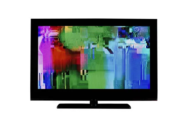 full hd monitor or television with digital glitches, distortions on the screen isolated on white background
