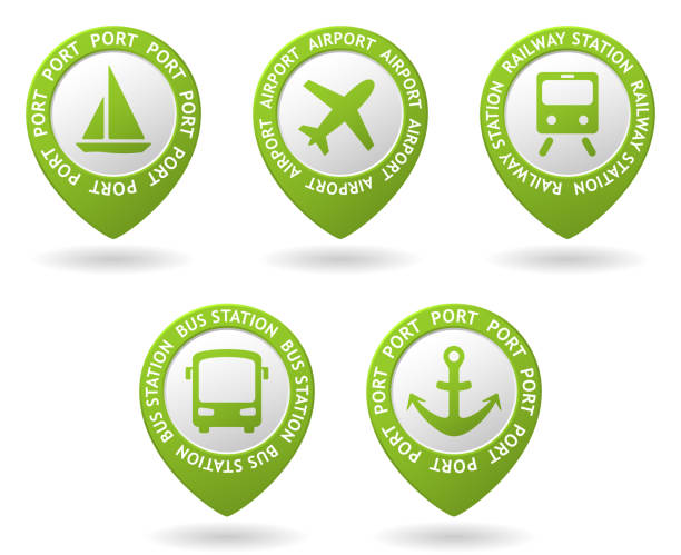 vector green map pointers vector green map pointers with transport icons gas mark stock illustrations