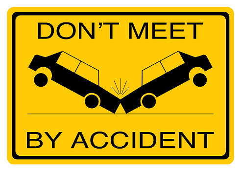 Yellow and black warning road sign with two collided cars with sign DON\