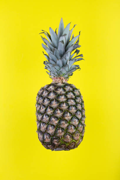 istock Ripe whole pineapple isolated on yellow background 1205795636