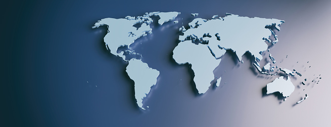 Mapa del mundo continentes planos y en blanco sobre fondo azul. Ilustración 3d photo