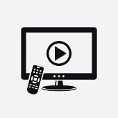 istock TV with remote control and play button on screen icon 1205798231