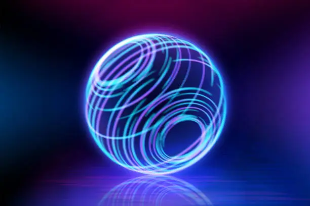 Vector illustration of Neon color geometric circle sphere on a dark background. Sphere structure, luminous line, neon sign. Reflection of blue and pink neon light on the floor. Rays of light in the dark, smoke. Vector.