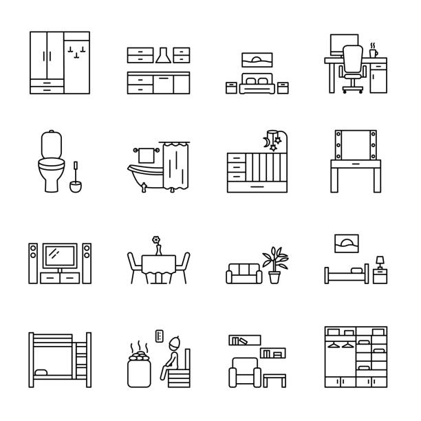 zestaw ikon linii wektorowych pomieszczenia domowego. rodzaje pokoi i pomieszczeń w domu. koncepcja banerów internetowych i materiałów drukowanych - kitchen stock illustrations