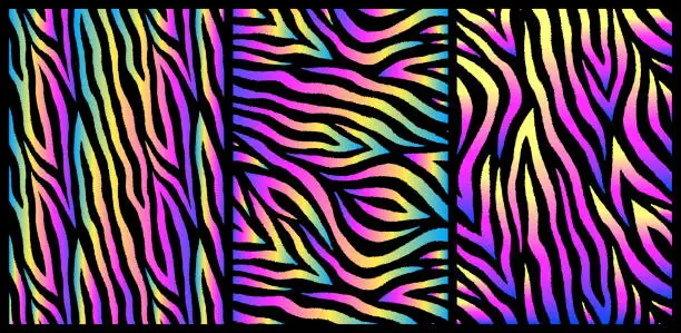 Vector illustration of Set of abstract vector backgrounds with holographic wavy design. Polar lights. Purple, pink, yellow, teal colors. Neon fluid vibrant gradient blurs in retrowave style.