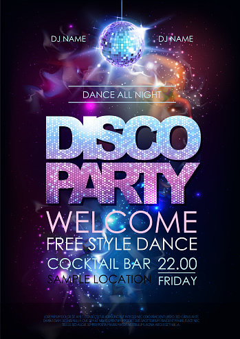 Disco ball background. Disco party poster on open space background