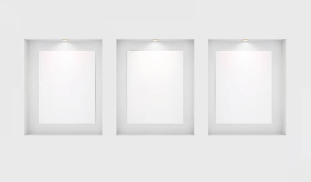 Three basics for your images in niches with backlighting on a white wall. Place for an exhibition. Top view mockup template for design. Light effect on a separate layer. Vector. Three basics for your images in niches with backlighting on a white wall. Place for an exhibition. Top view mockup template for design. Light effect on a separate layer. Vector. Eps10. supermarket borders stock illustrations