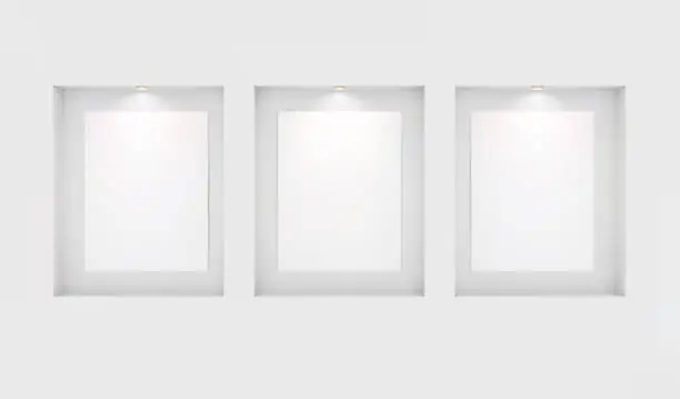 Vector illustration of Three basics for your images in niches with backlighting on a white wall. Place for an exhibition. Top view mockup template for design. Light effect on a separate layer. Vector.