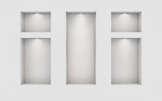 Five illuminated niches on a white wall. Place for an exhibition. Top view mockup template for design. Light effect on a separate layer. Vector.