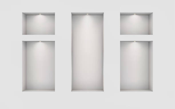 Five illuminated niches on a white wall. Place for an exhibition. Top view mockup template for design. Light effect on a separate layer. Vector. Five illuminated niches on a white wall. Place for an exhibition. Top view mockup template for design. Light effect on a separate layer. Vector. Eps10. supermarket borders stock illustrations