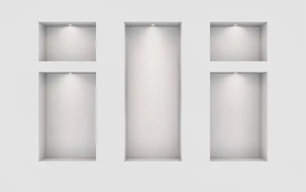 Vector illustration of Five illuminated niches on a white wall. Place for an exhibition. Top view mockup template for design. Light effect on a separate layer. Vector.