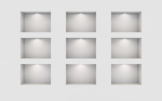 Nine illuminated niches on a white wall. Place for an exhibition. Top view mockup template for design. Light effect on a separate layer. Vector. Eps10.
