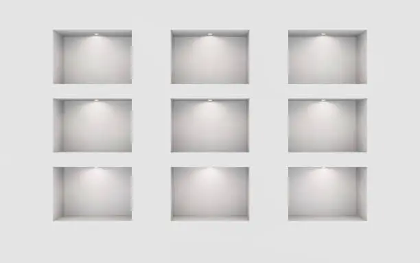 Vector illustration of Nine illuminated niches on a white wall. Place for an exhibition. Top view mockup template for design. Light effect on a separate layer. Vector.