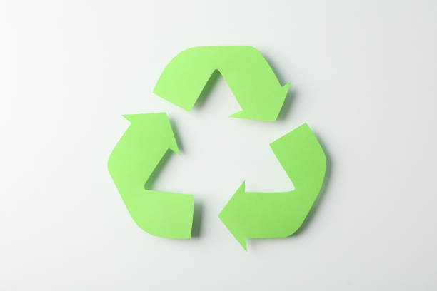 istock Recycling sign on white background, top view 1205802249