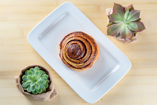 Perfect morning,sweet breakfast and start day. Cinnamon Danish Swirl-classic buttery danish pastry rolled glazed with sugar on dish and two small succulent plant on wood desk. Flat lay. Top view.