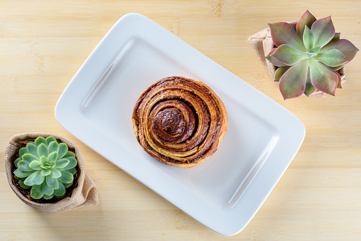 Perfect morning,sweet breakfast and start day. Cinnamon Danish Swirl-classic buttery danish pastry rolled glazed with sugar on dish and two small succulent plant on wooden table. Flat lay. Top view.