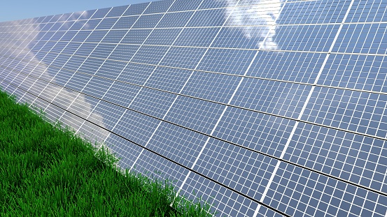 Solar panel background of photovoltaic modules for renewable energy. Clouds and blue sky in mirror. Alternative electricity source - selective focus, copy space 3d rendering. 3d illustration