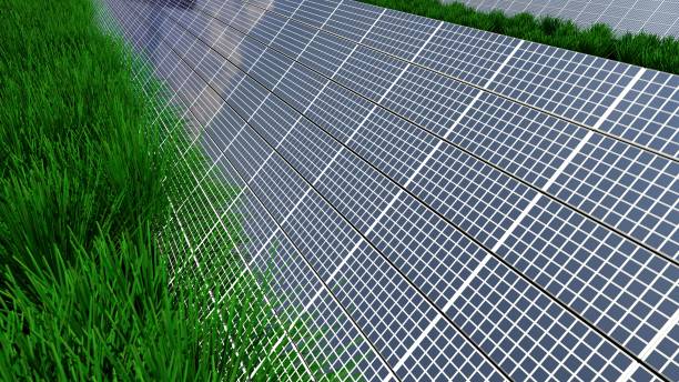 istock Solar panel background of photovoltaic modules for renewable energy. Clouds and blue sky in mirror. Alternative electricity source. 3d rendering. 3d illustration 1205803469