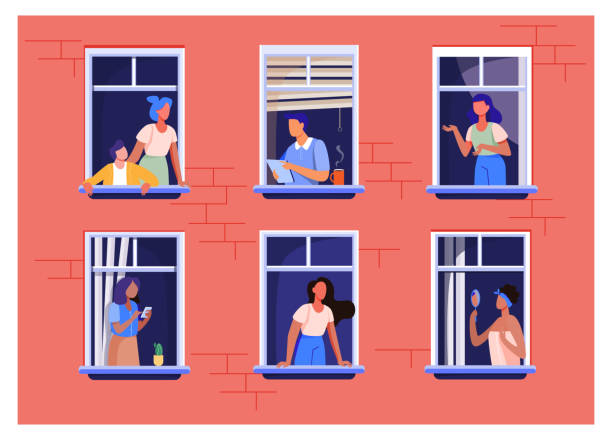 Apartment building with people in open window spaces Apartment building with people in open window spaces. Neighbors drinking coffee, talking, using cell. Vector illustration for block of flat, condo, neighborhood, community, house friendship concept flat stock illustrations