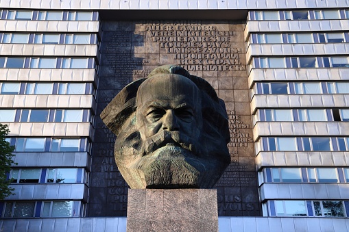 Karl Marx monument in Chemnitz, Germany. The monument is locally known as Nischel. It was designed by Lev Kerbel.
