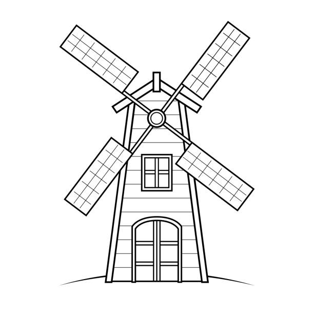 vektor-illustration der windmühle isoliert auf weißem hintergrund für kinder malbuch. - altes backhaus dorf stock-grafiken, -clipart, -cartoons und -symbole