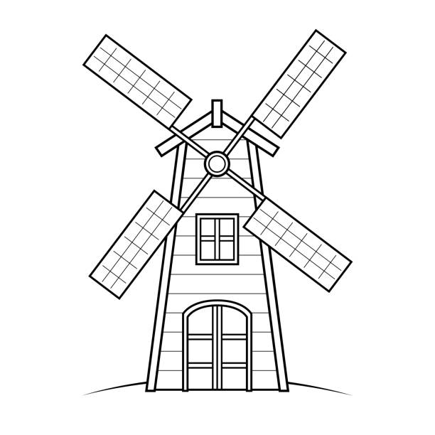 子供の塗り絵のための白い背景に隔離風車のベクトルイラスト。 - netherlands windmill farm farmhouse点のイラスト素材／クリップアート素材／マンガ素材／アイコン素材