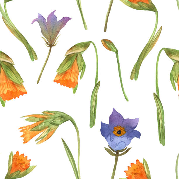 istock Seamless patern with daffodils, bluebells, anemones in watercolor. Decorative colorful flowers. Background for wallpaper, prints design. Spring textile texture. Ornament illustration. Vector. 1205808737