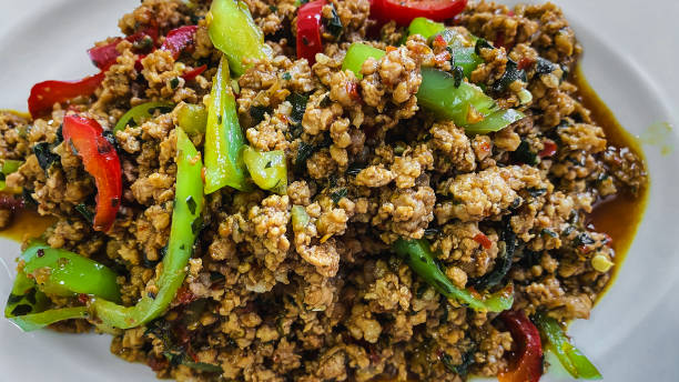 istock Stir fried minced pork and holy basil thai food 1205809379