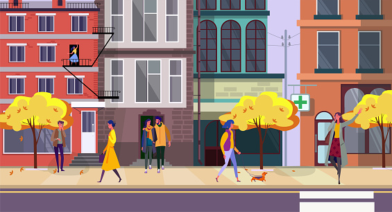 People walking down autumn city street. Citizen, apartment house, fall flat vector illustration. City, leisure real estate concept for banner, website design or landing web page