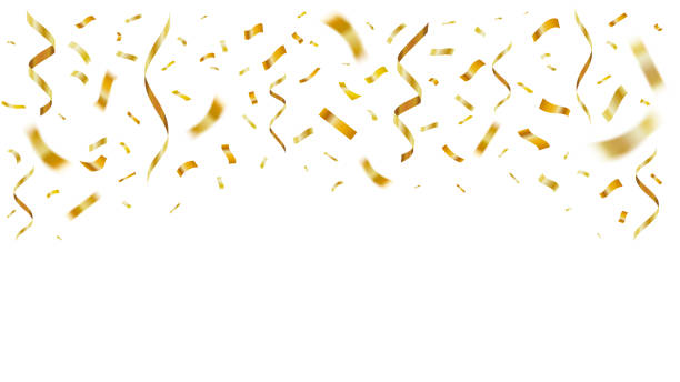 istock Gold shiny realistic confetti. Celebration golden confetti party decor, paper flying anniversary celebrating. Festive falling ribbon splash vector isolated illustration 1205811804
