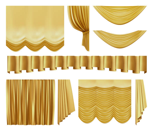istock Golden stage curtains. Realistic interior luxury gold velvet curtains, gold royal silk decorative elements vector illustration set 1205811805