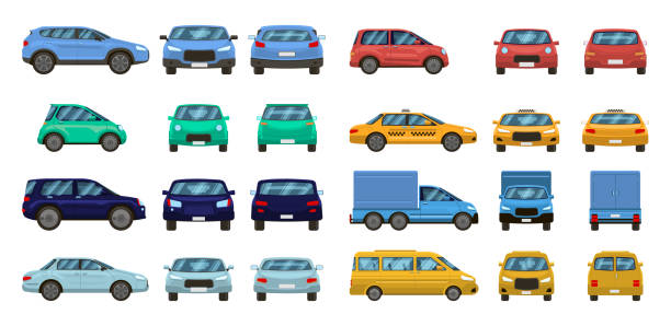 Car views. Front and profile side car view, urban traffic transport of different views. Auto transport vector isolated set Car views. Front and profile side car view, urban traffic transport of different views. Auto transport vector isolated set. Motor vehicles top, back and front. pickup, suv and hatchback, taxi sedan ford truck black stock illustrations