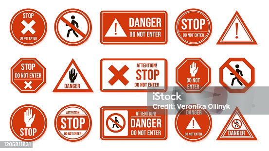 istock Traffic stop signs. Do not enter, warning traffic road sign. Stop, no admittance, prohibitory character street driving directions vector isolated icon set 1205811831