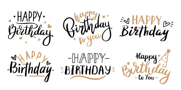 Happy birthday celebration concept. Greeting birthday party lettering with celebration hand draw elements, decorative greeting lettering cards vector isolated illustration set Happy birthday celebration concept. Greeting birthday party lettering with celebration hand drawn elements, decorative invitation card vector set. anniversary black and gold handwritten inscription happy birthday typography stock illustrations