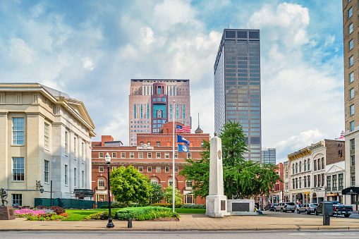 Stock photograph of Jefferson Street and town square in downtown Louisville Kentucky USA on a cloudy day.