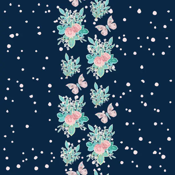 Vector illustration of Vector repeat seamless vertical border with pink and purple flowers and butterflies on dark blue background.