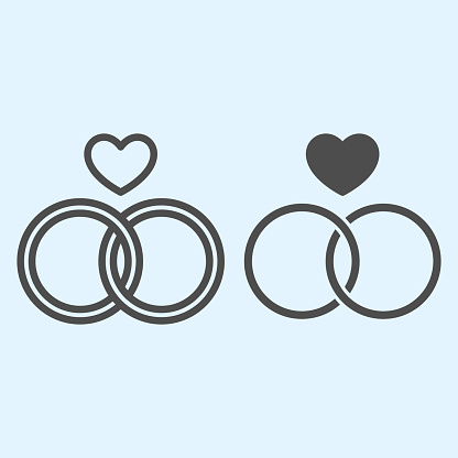 Rings line and solid icon. Two crossing circles with heart shape. Wedding asset vector design concept, outline style pictogram on white background, use for web and app. Eps 10